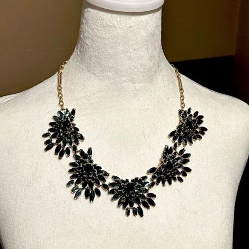 J. Crew Chunky Floral Statement Necklace Blue Gold Rhinestone Iridescent Bib